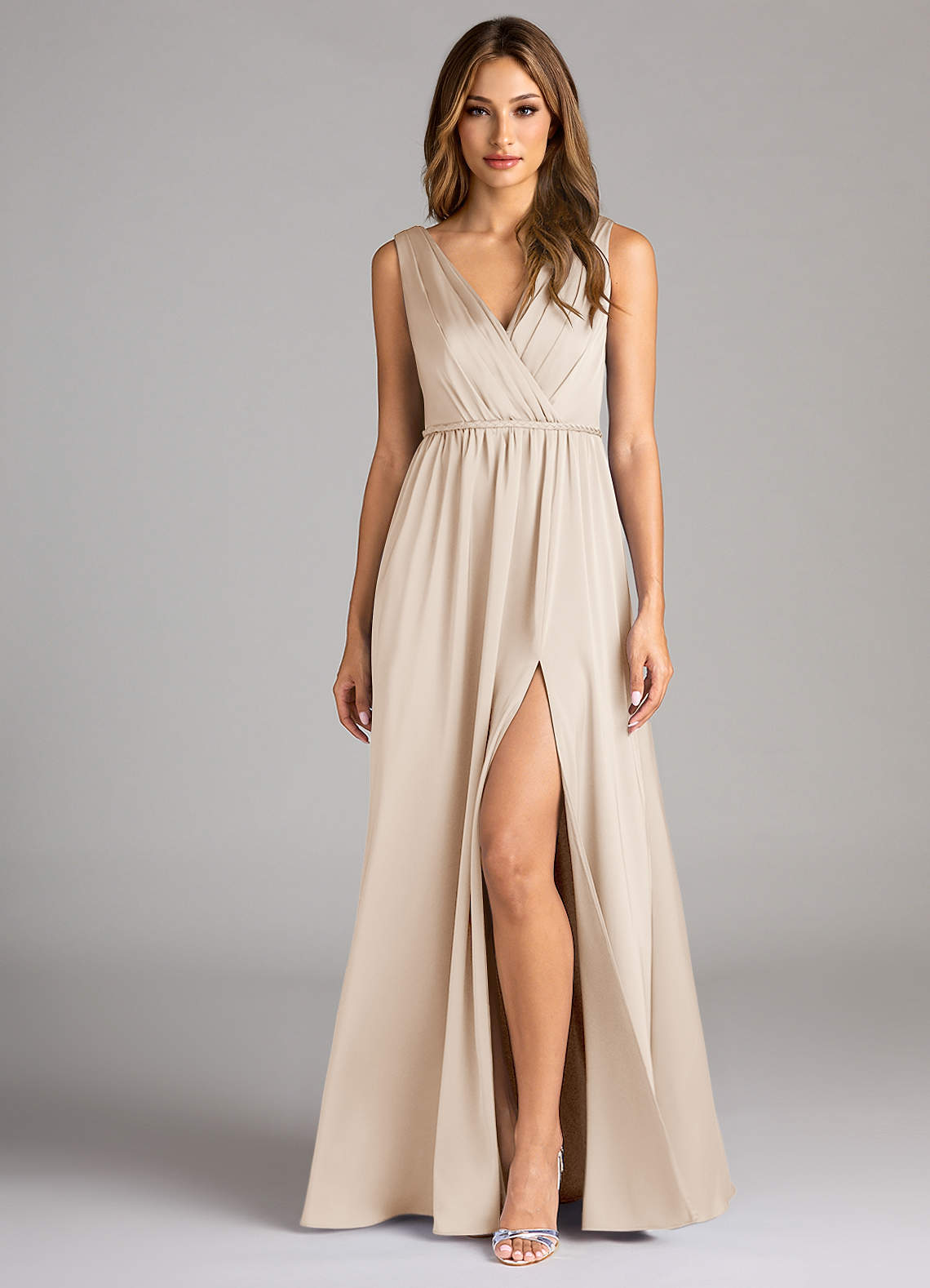Azazie Tanicia Bridesmaid Dresses White Alabaster A-Line Pleated Stretch Satin Dress image1