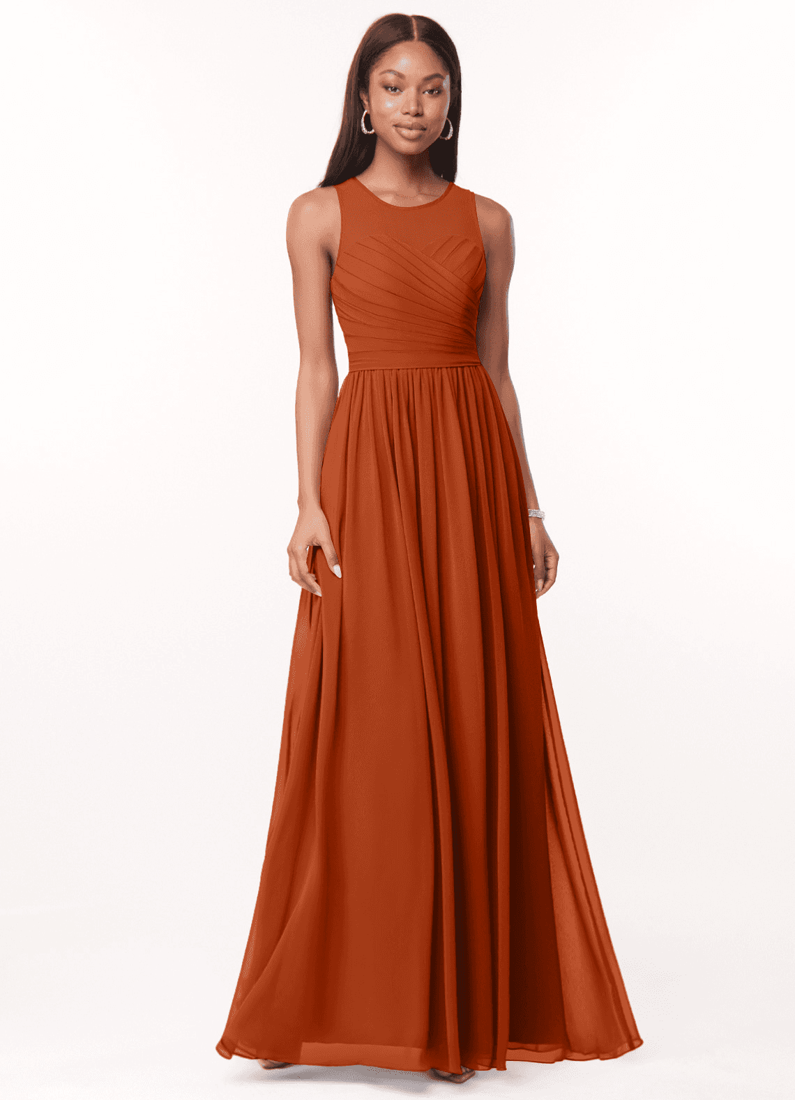 Azazie Nina Vestidos de damas de honor Vestido de Naranja Quemada de Gasa de Corte en A con Plisado image1