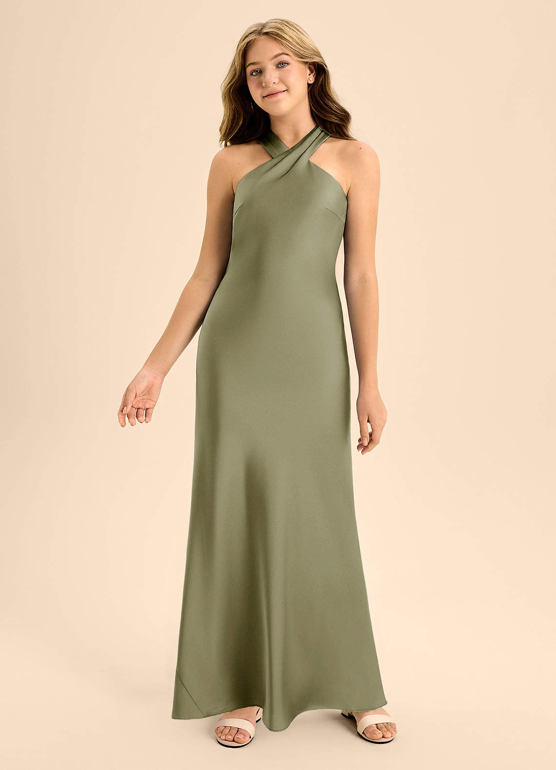Azazie Doretta Junior Pistachio A-Line Pleated Stretch Satin Dress image3