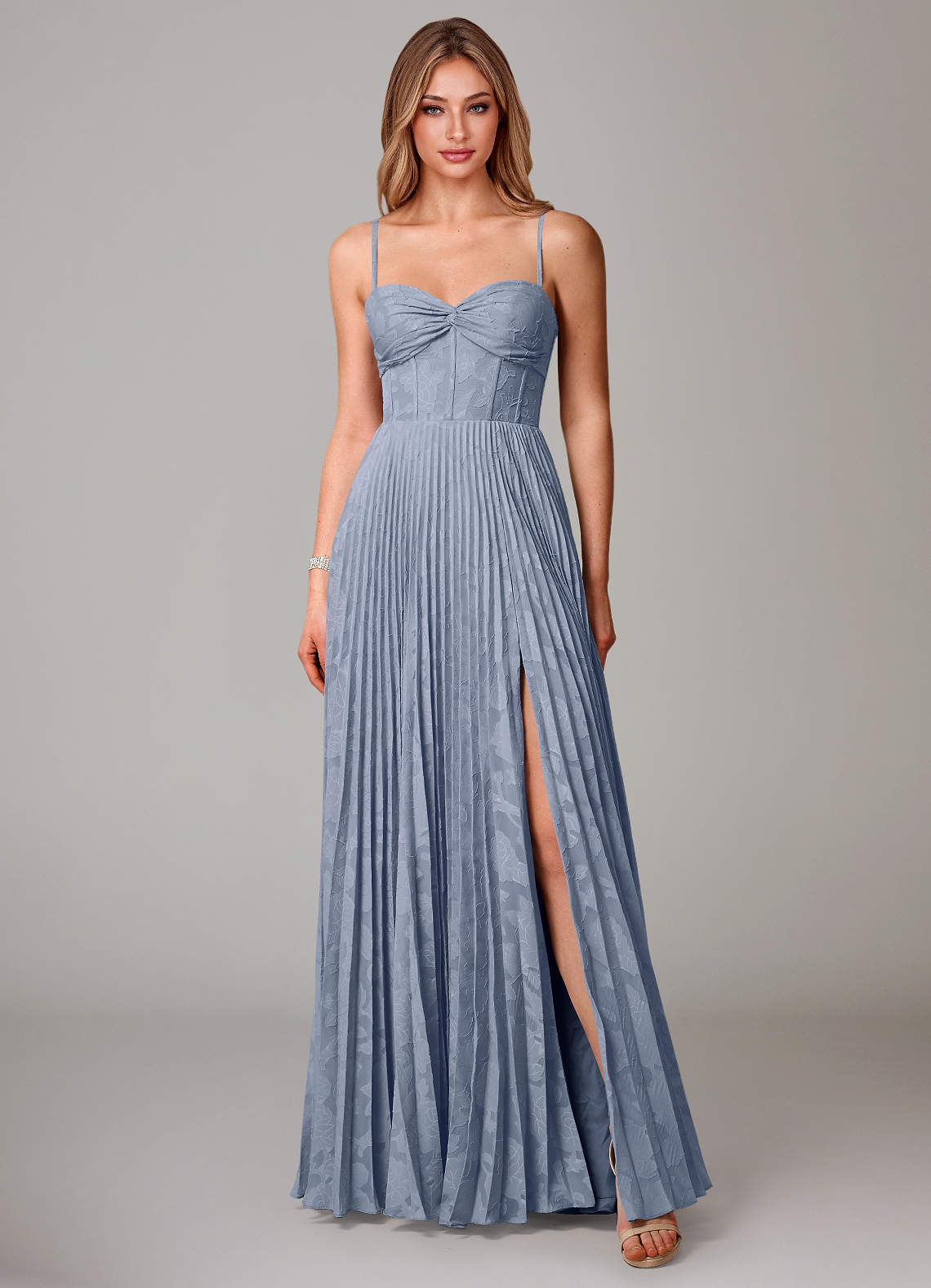 Azazie Akiko Bridesmaid Dresses Dusty Blue A-Line Sweetheart Neckline Floral Burnout Dress image1