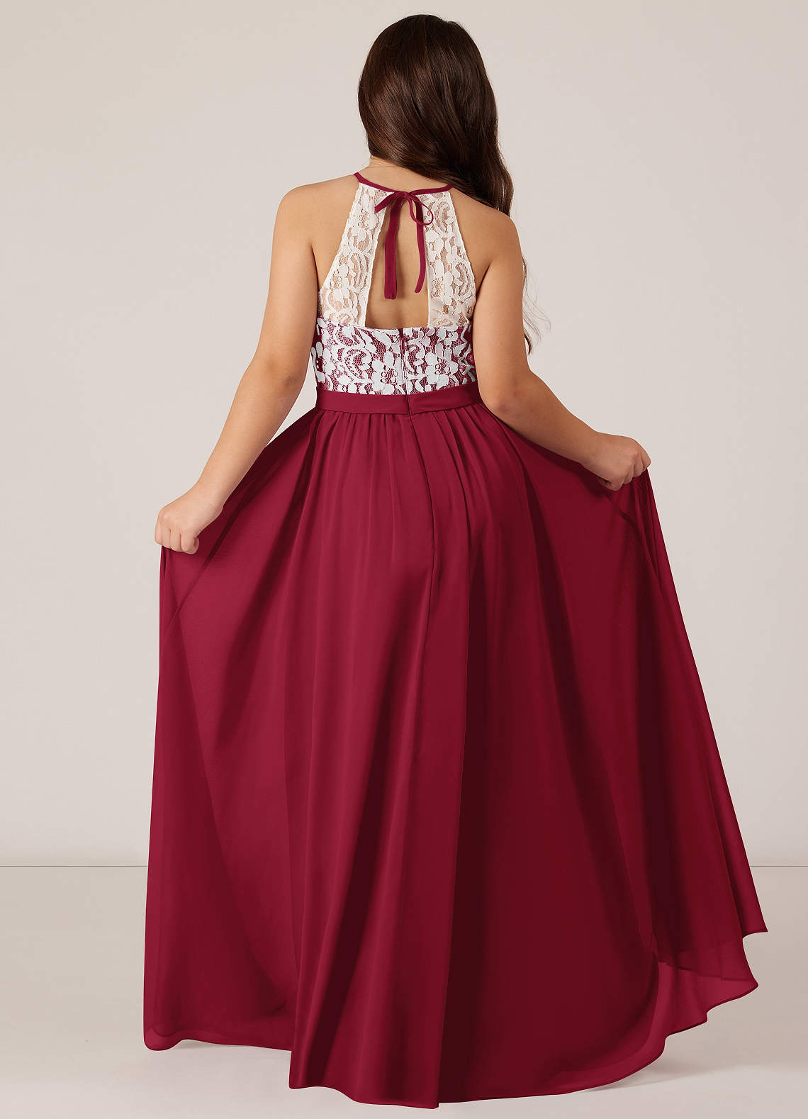 Azazie Fahari Junior Burgundy A-Line Lace Chiffon Dress image1
