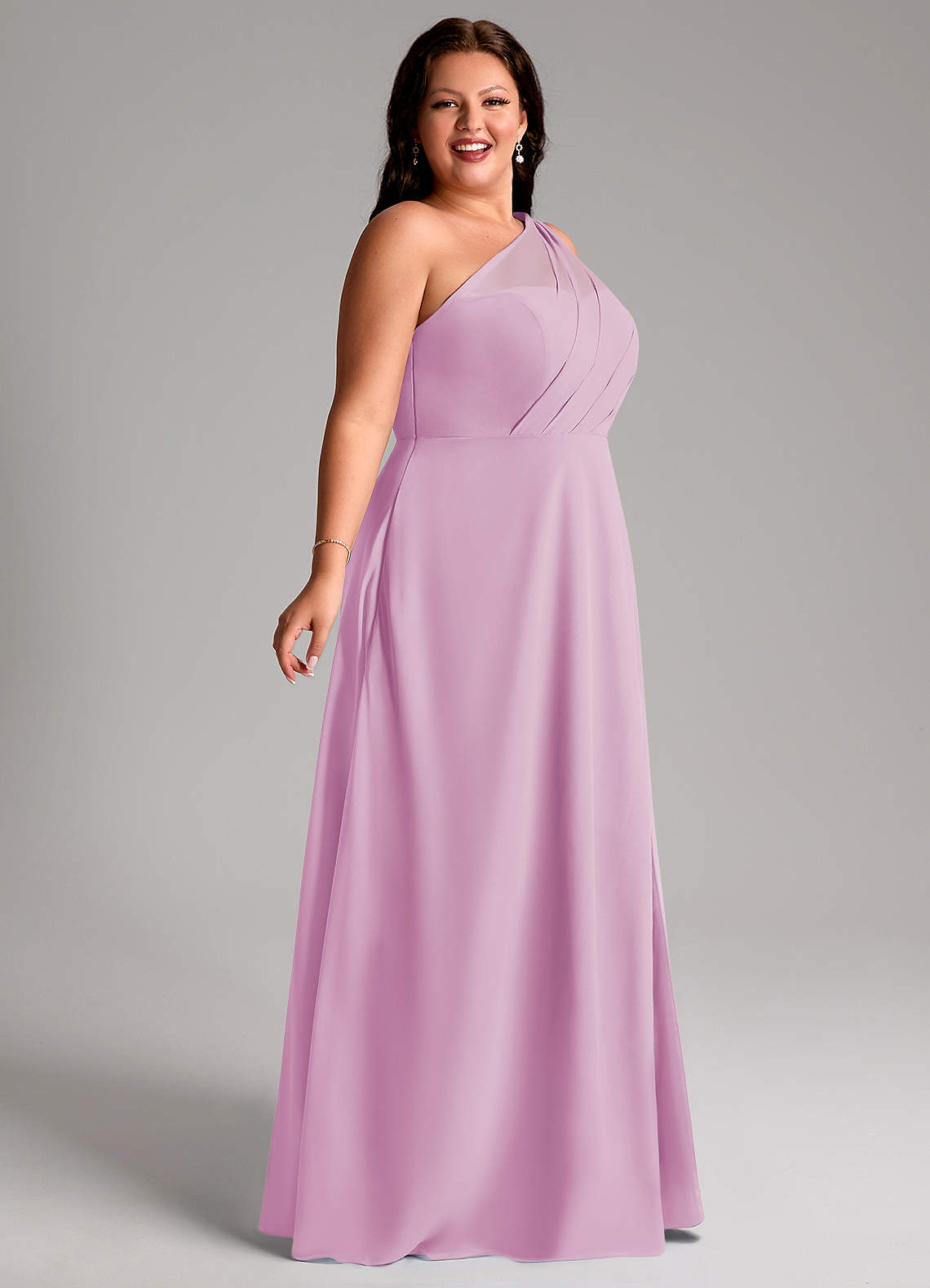 Azazie Plus Size A-Line Illusion Floor-Length Chiffon Bridesmaid Dresses - Candy Pink