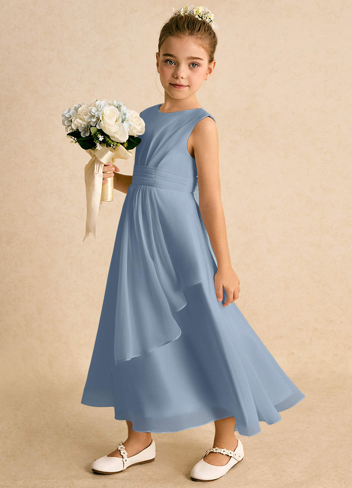 Azazie Edelweiss Abiti da Ragazza di Fiori Abito A-Line in Chiffon Plissettato Blu Polveroso image1