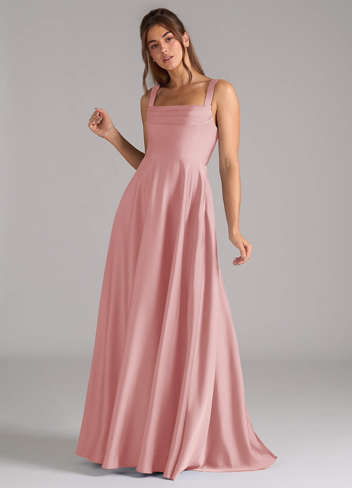 Azazie Shaude Bridesmaid Dresses Powder Pink A-Line Pleated Stretch Satin Dress image4