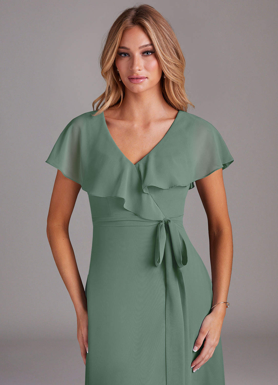 Azazie Lainey Bridesmaid Dresses Eucalyptus A-Line with Pockets Chiffon Dress image5