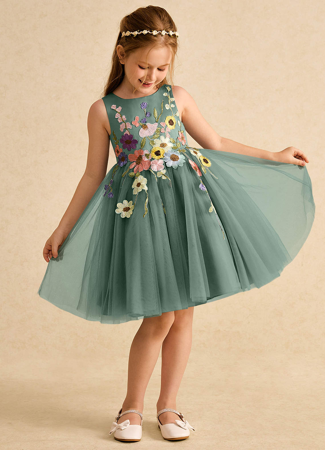 Azazie Prima Flower Girl Dresses Eucalyptus A-Line Bow Tulle Dress image2