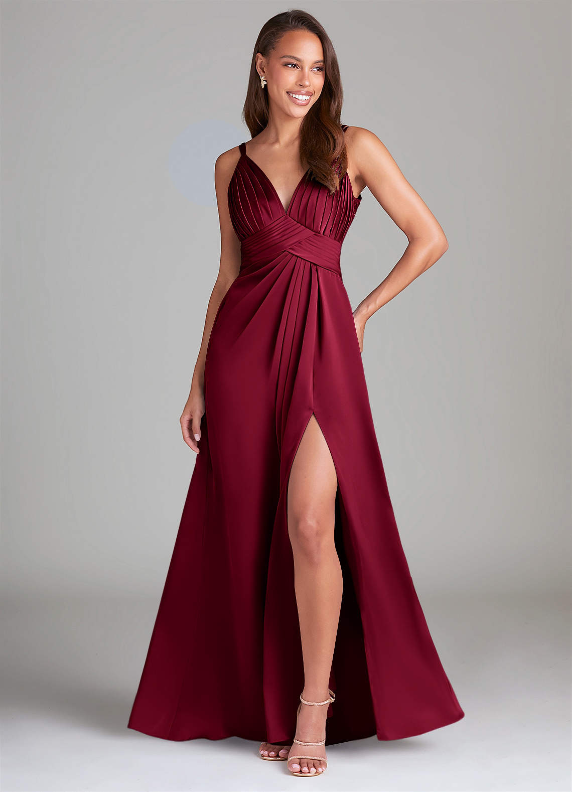 Azazie Maren Allure Bridesmaid Dresses Burgundy A-Line Lace Stretch Satin Dress image1