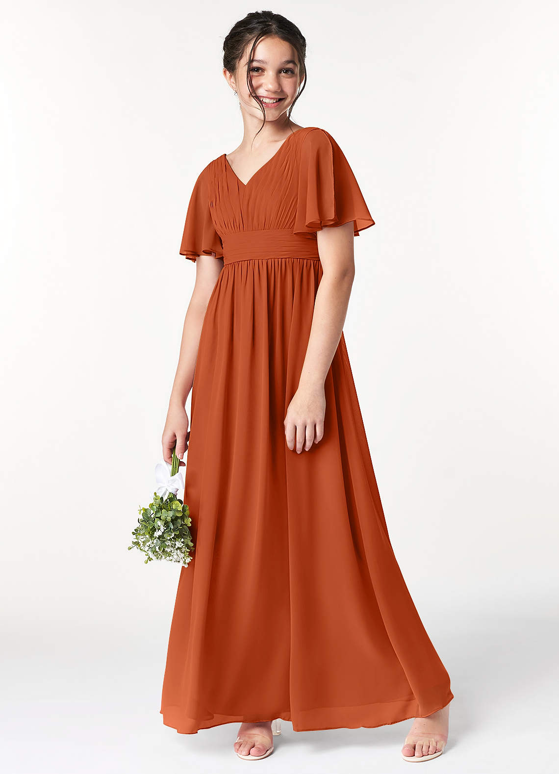 Azazie Temeka Junior Burnt Orange A-Line Pleated Chiffon Dress image1
