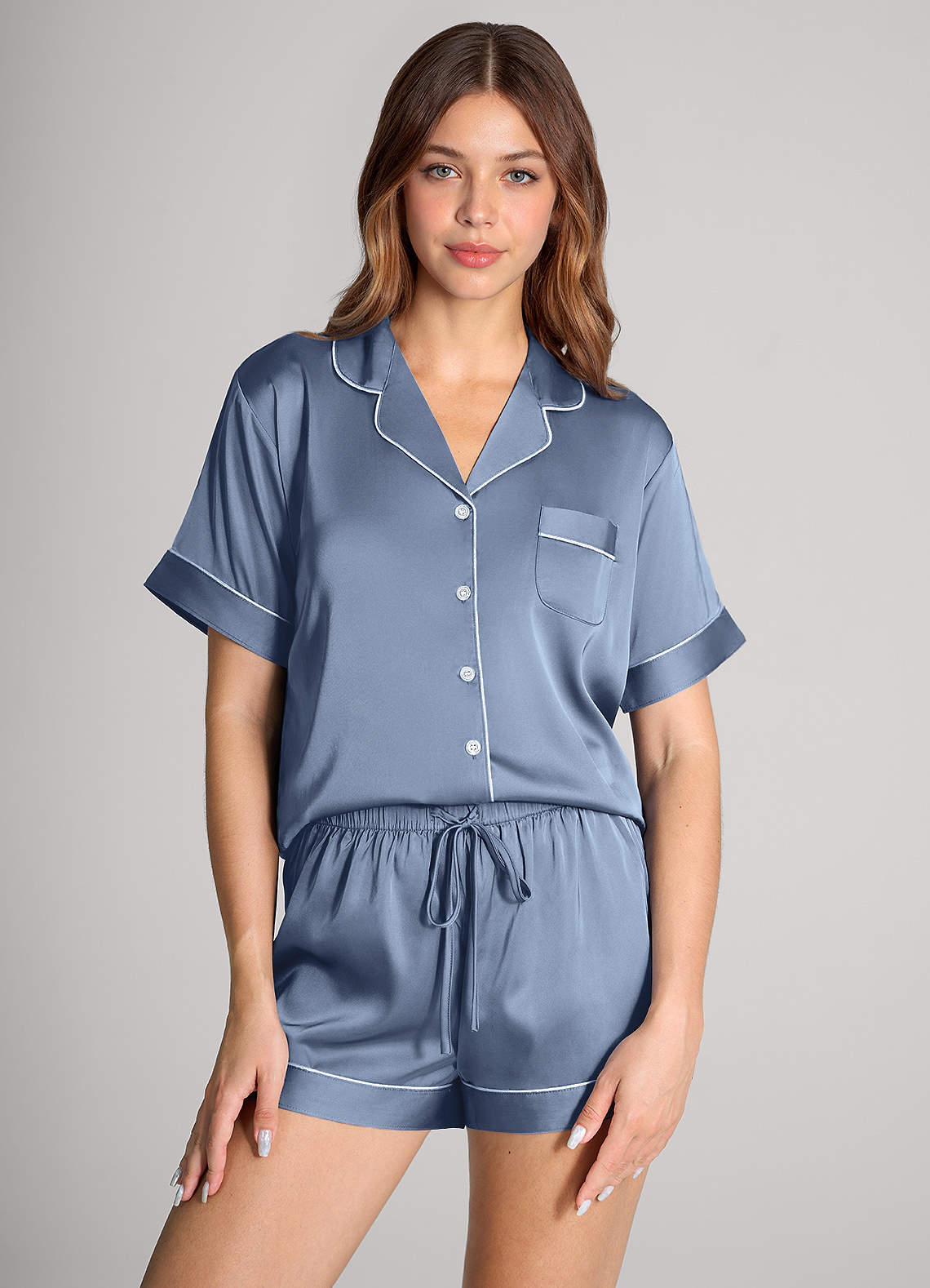 front Matching Color Satin Contrast Piping Pajama Set