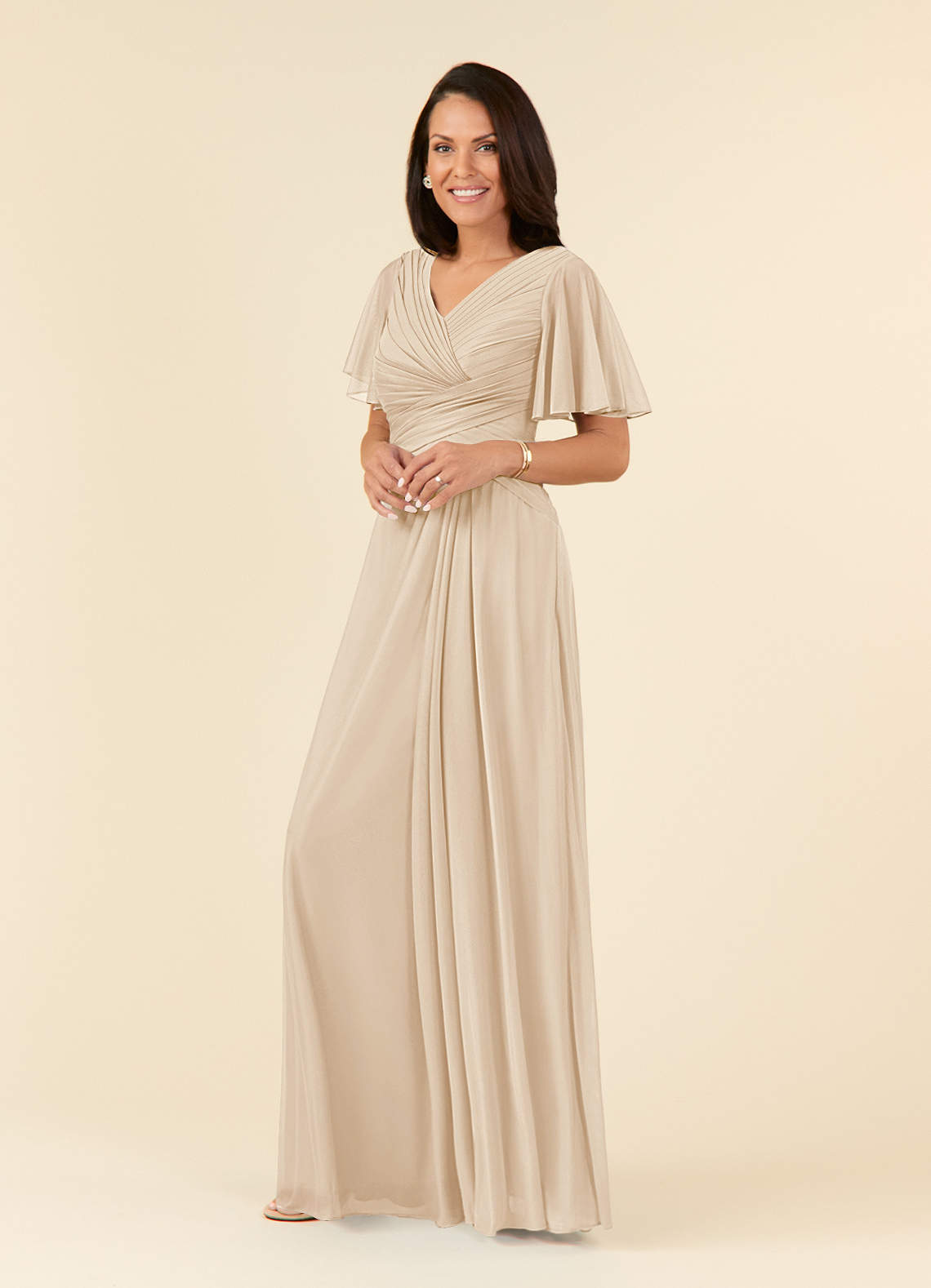 Azazie Emmeline Mother of the Bride Dresses Champagne A-Line V-Neck Pleated Mesh Dress image2