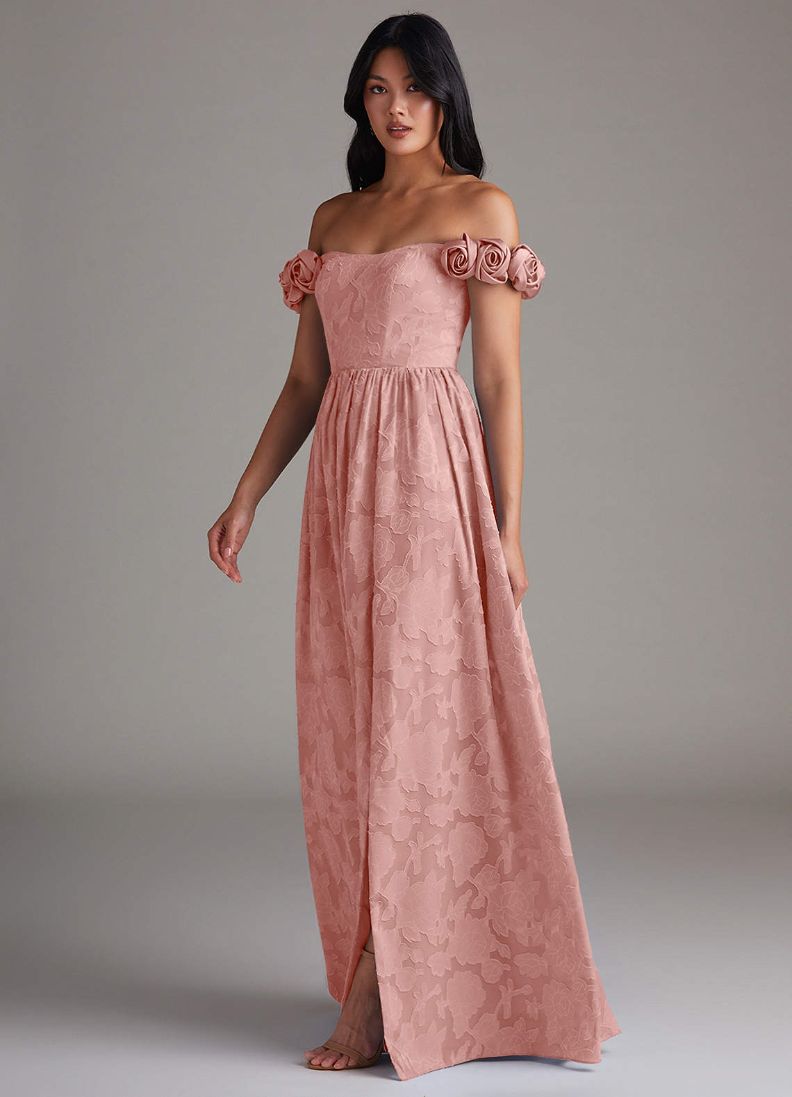 autumn bridesmaid dresses Azazie Ready to Ship Dusty Blue Floral Burnout Terracotta Women's size:18 style_id:023040025 Women's Fit and Flare On service