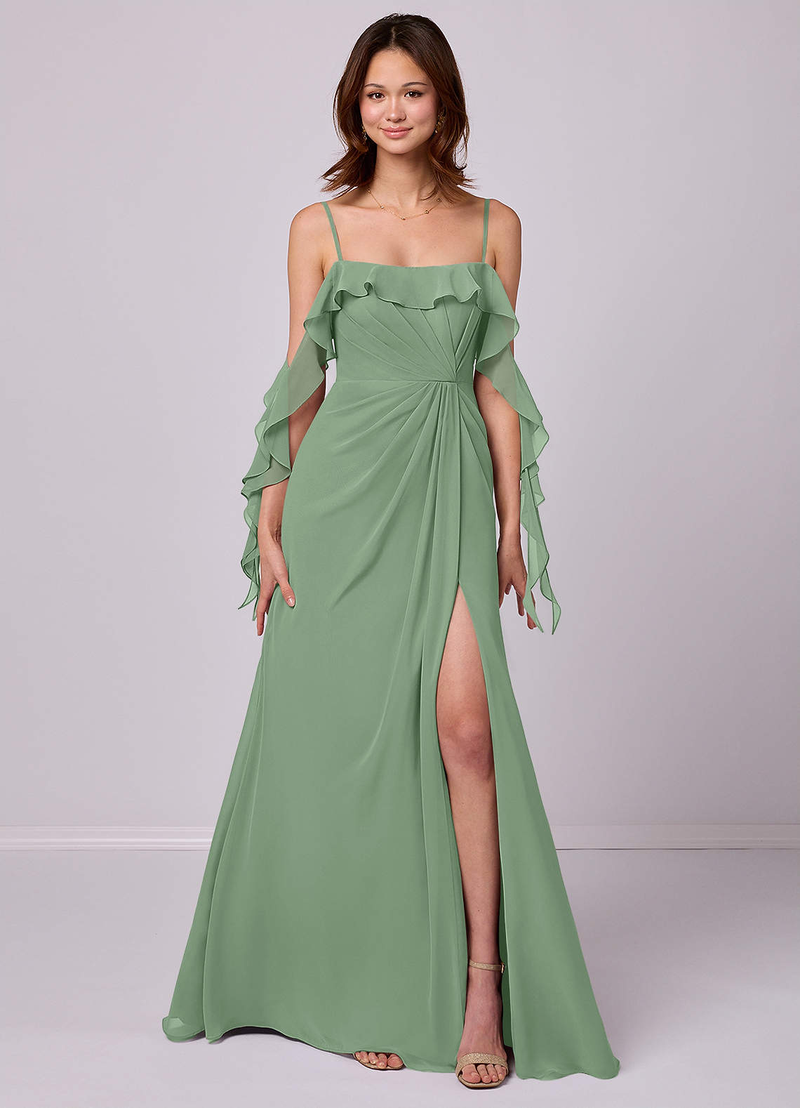 Barbie ♥ Azazie Bridesmaid Dresses Matcha A-Line Off the Shoulder Chiffon Convertible Dress image6