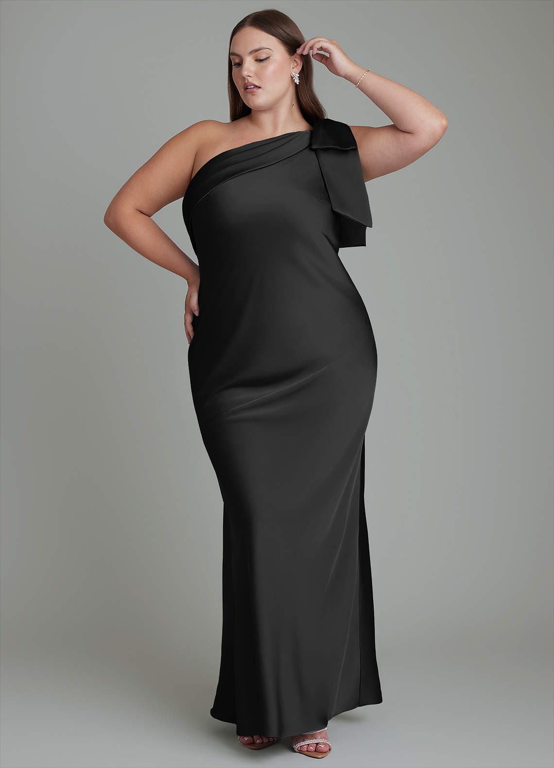 Azazie Yuanna Bridesmaid Dresses Black Mermaid One Shoulder Stretch Satin Dress image10