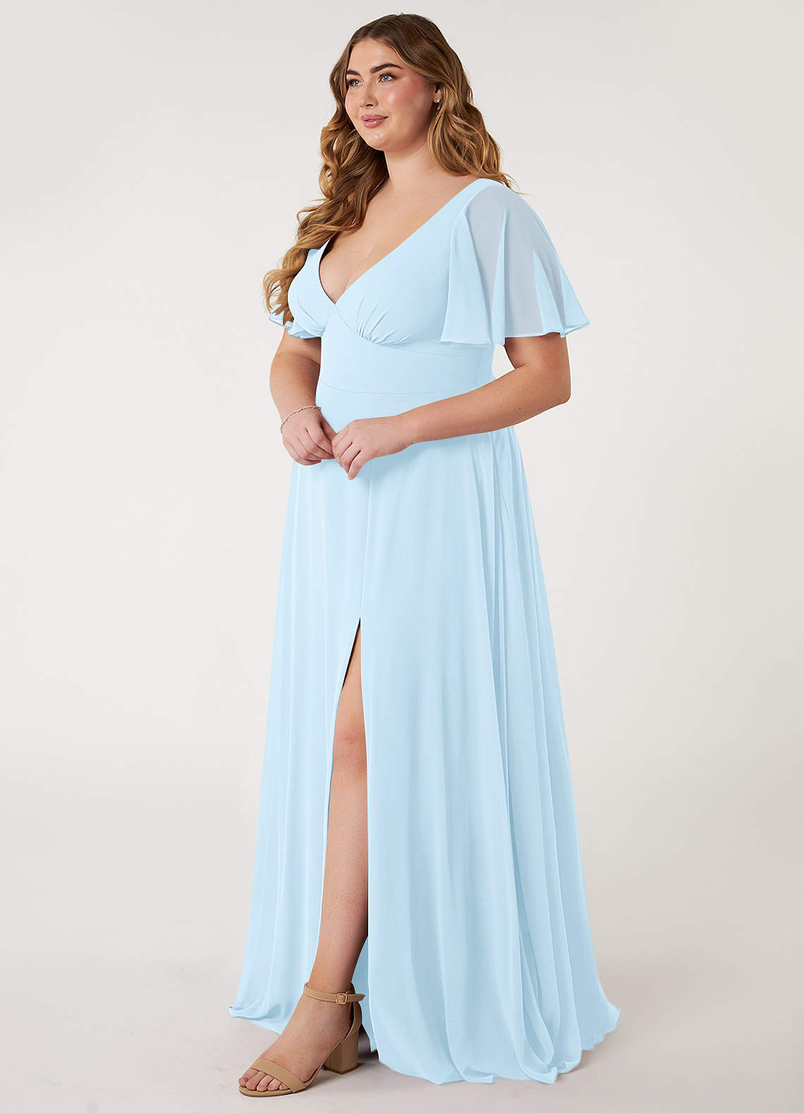 Azazie Kimber Bridesmaid Dresses Sky Blue A-Line Flounce Sleeve Chiffon Dress image1