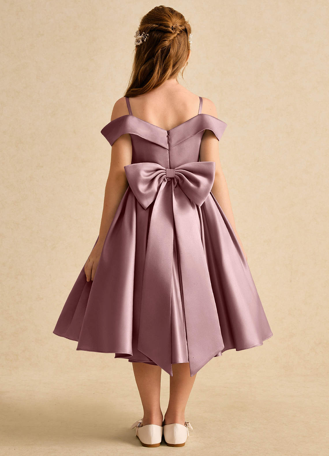 Azazie Favia Flower Girl Dresses Dusty Rose A-Line Off the Shoulder Matte Satin Dress image1