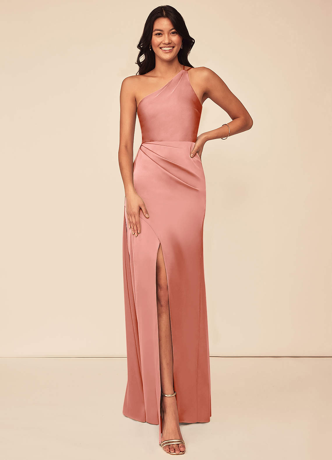 Azazie Maron Bridesmaid Dresses Coral A-Line One Shoulder Stretch Satin Dress image1