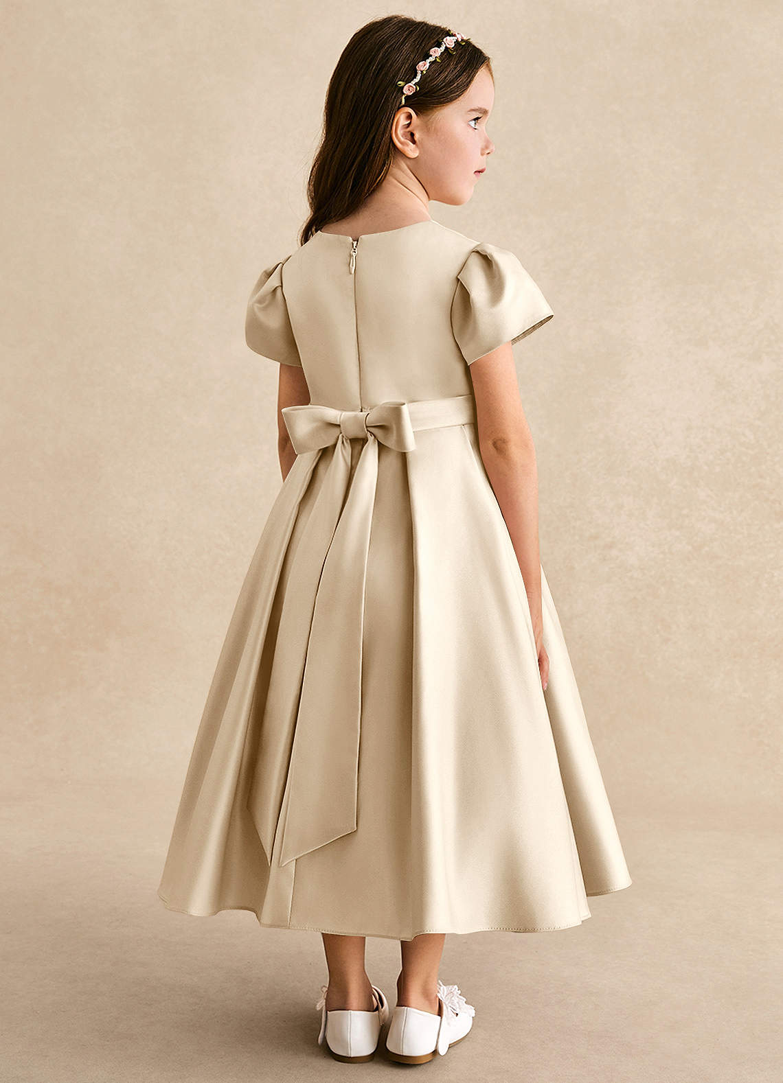 Azazie Princess Flower Girl Dresses Champagne A-Line Pleated Matte Satin Dress image1