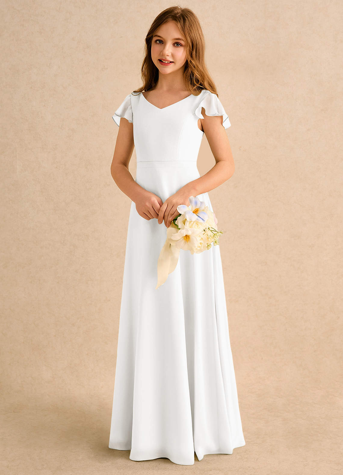 Azazie Nari Girls Formal Blumenmädchenkleider A-Linie mit ärmel Chiffon Kleid Elfenbein image2