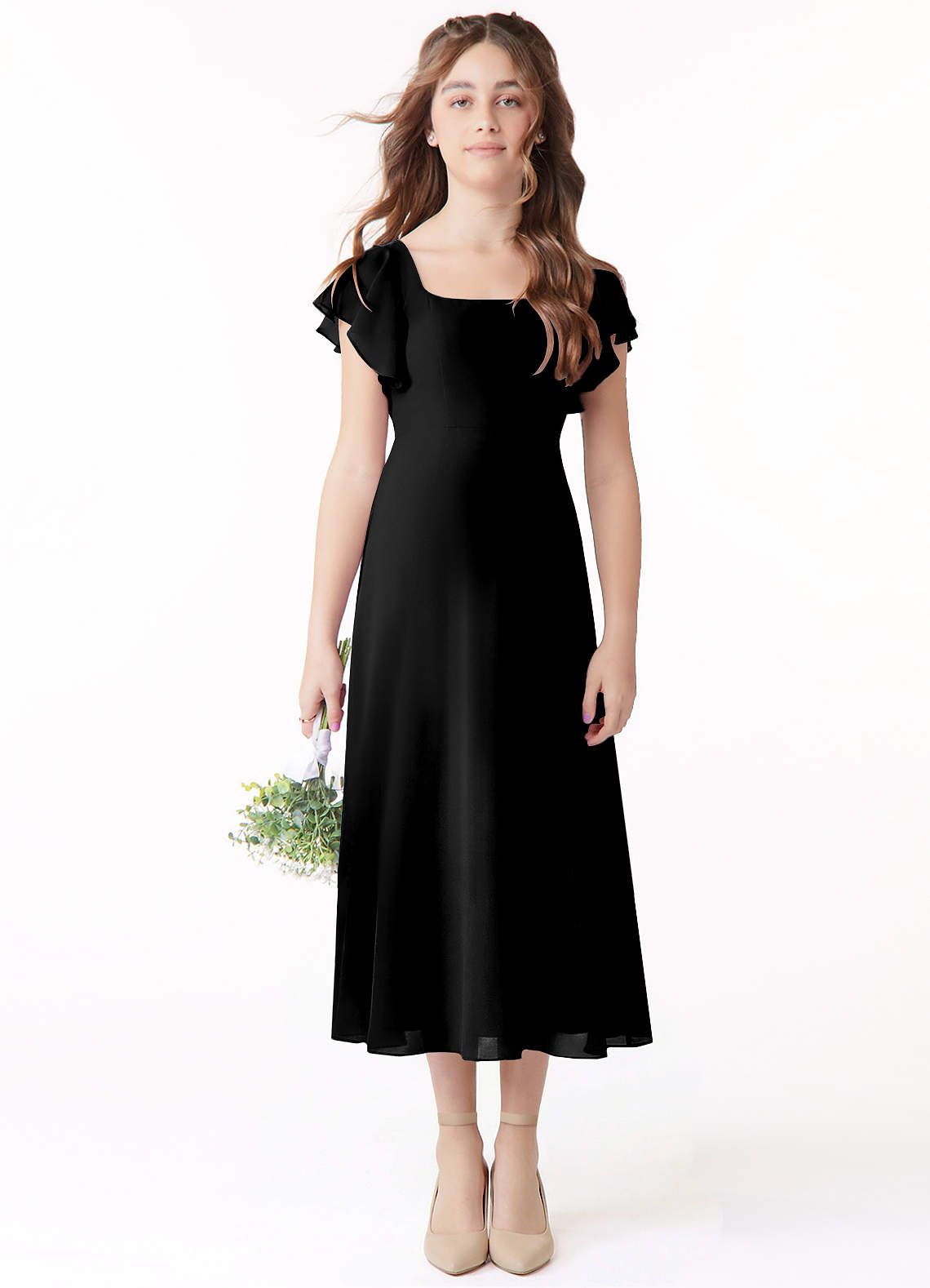 Azazie Bondi Junior Klä av A-Line i Chiffong Rynkad image1