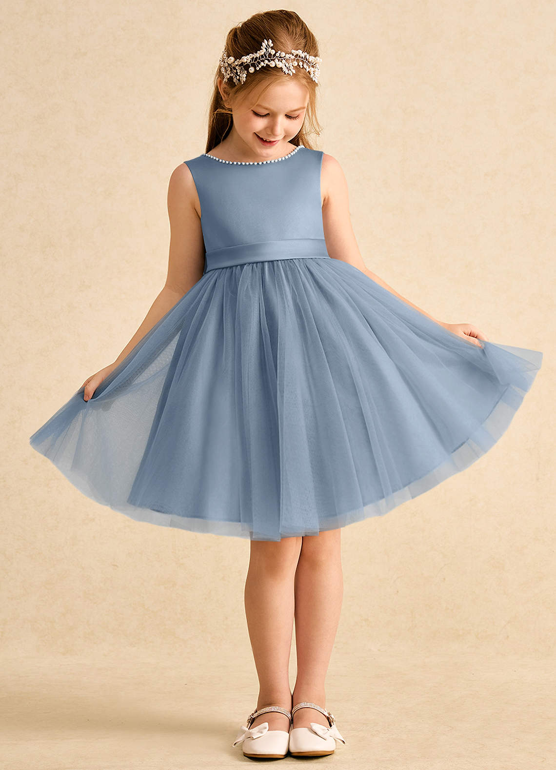 Azazie Jani Abiti da Ragazza di Fiori Abito A-Line in Tulle Fiocco Blu Polveroso image1