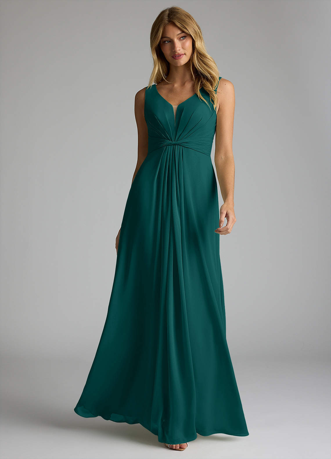 Azazie Gina Brautjungfernkleider A-Linie V-Hals Gefaltet Chiffon Kleid Pfau image1