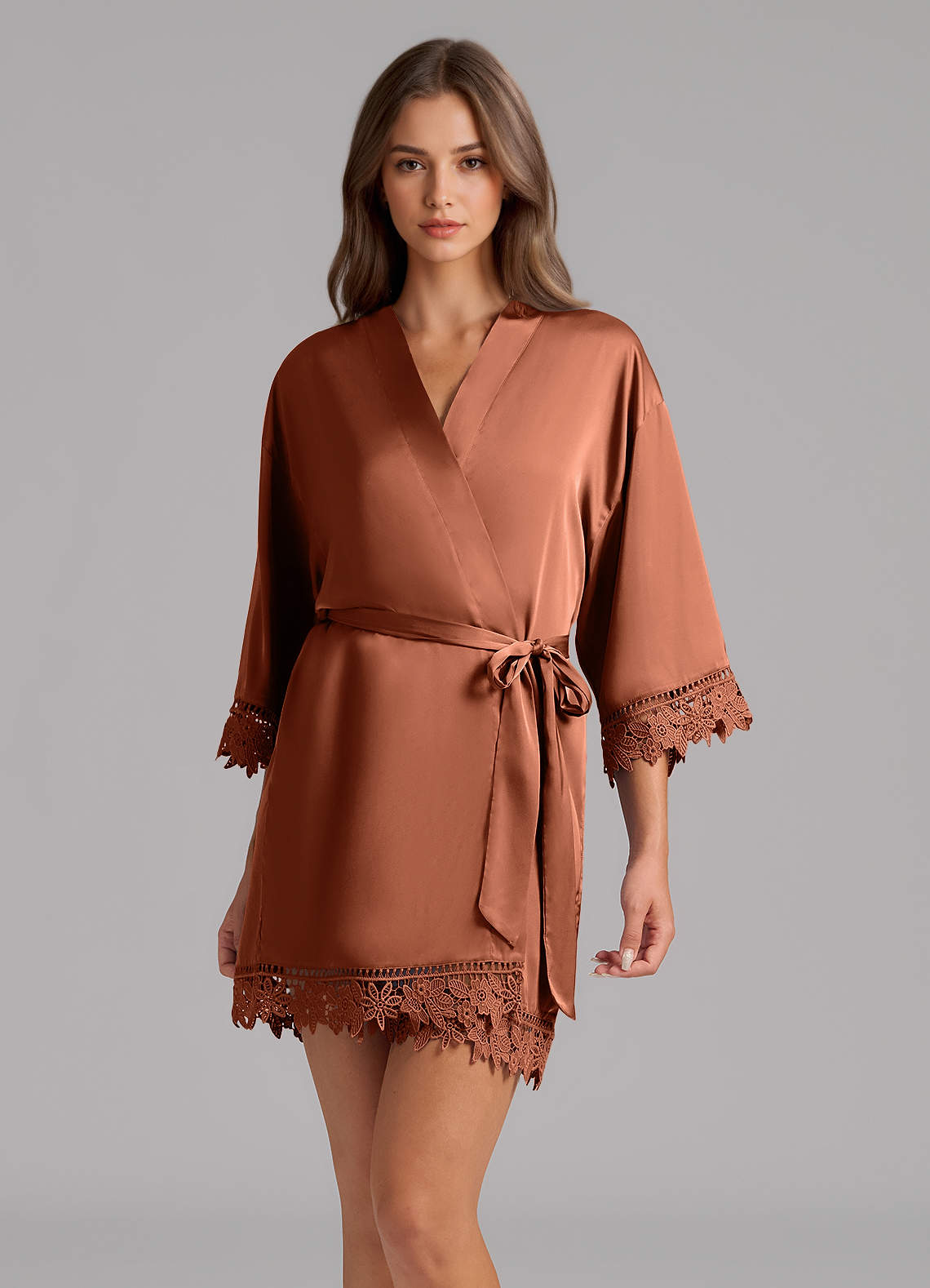 front Matching Color Satin Lace Robe