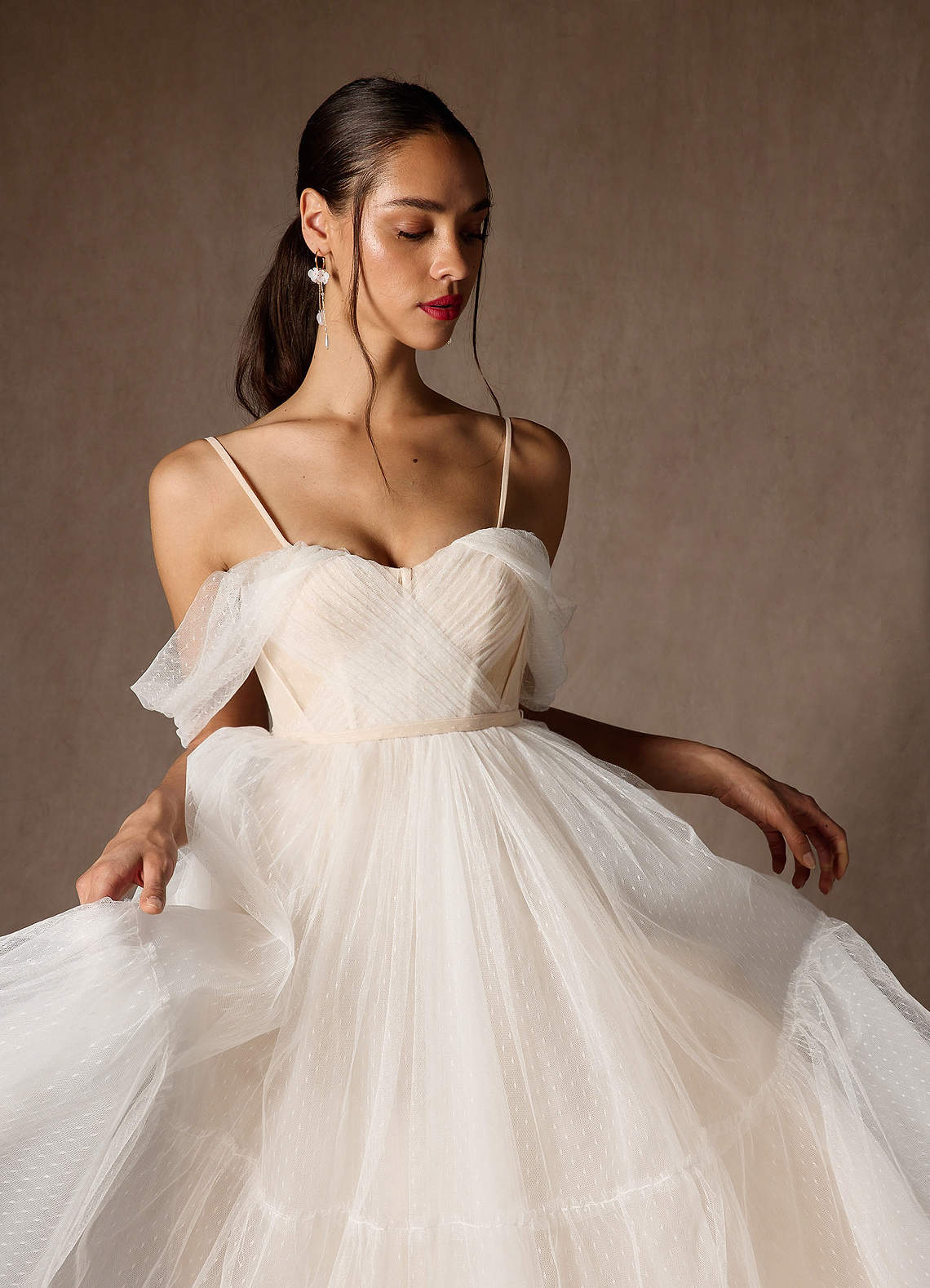 Azazie Vienna At-home Try On Dresses Diamond White Champagne A-Line Off-The-Shouler Tulle Dress image6