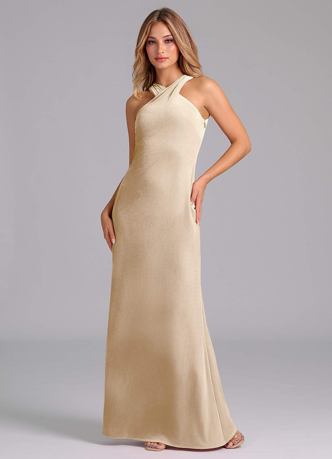 Azazie Doretta Bridesmaid Dresses Champagne Mermaid Pleated Velvet Dress image1