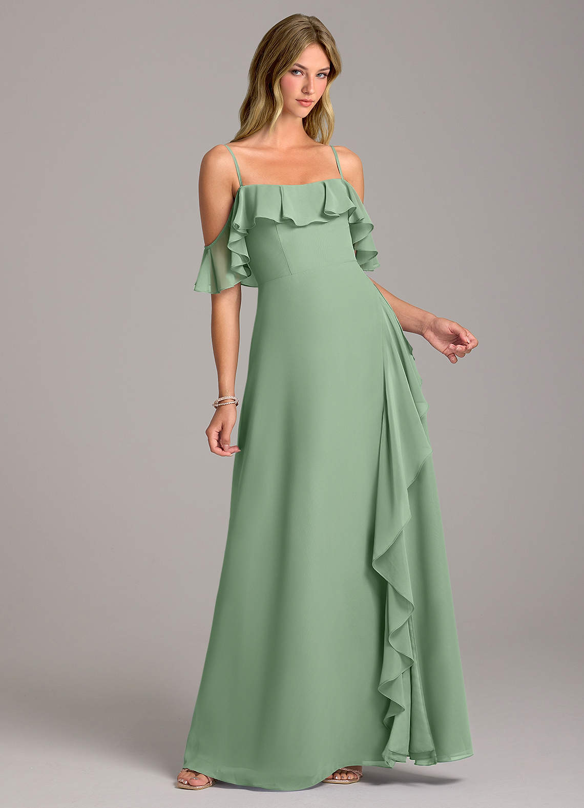 Azazie Aubrie Bridesmaid Dresses Matcha A-Line Off the Shoulder Chiffon Dress image1