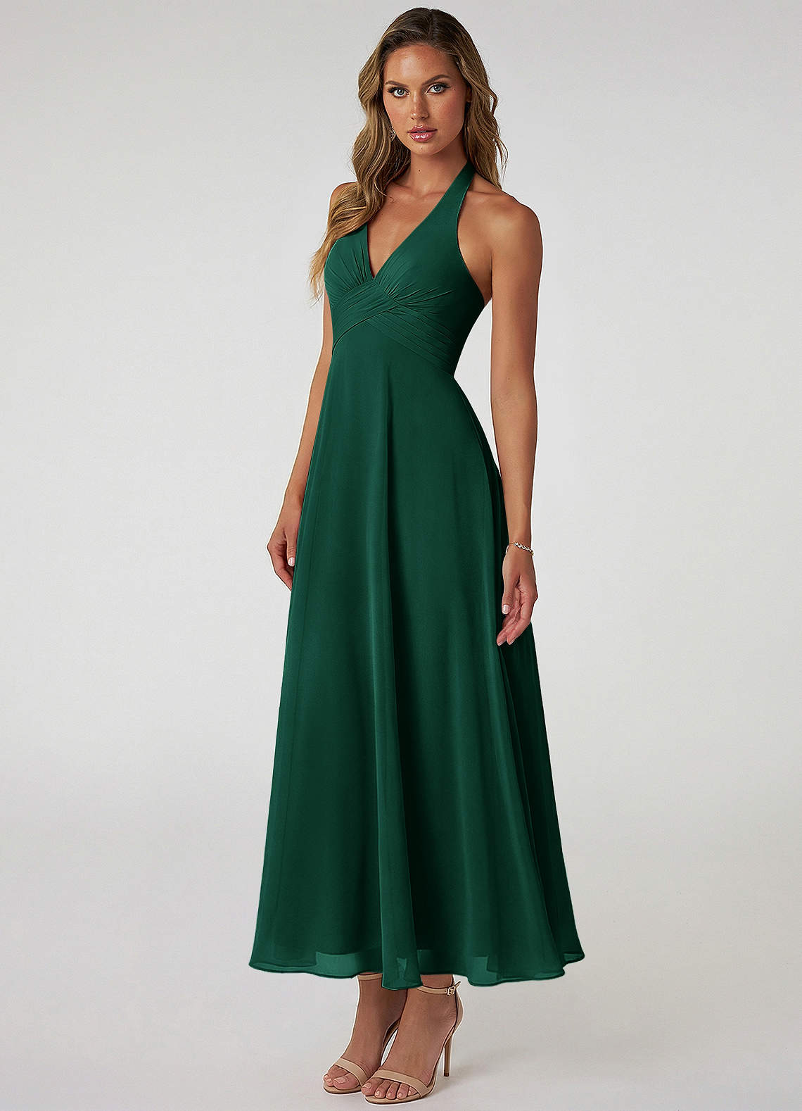 green tea length bridesmaid dresses Azazie Tessie Emerald Chiffon tea length bridesmaid dresses