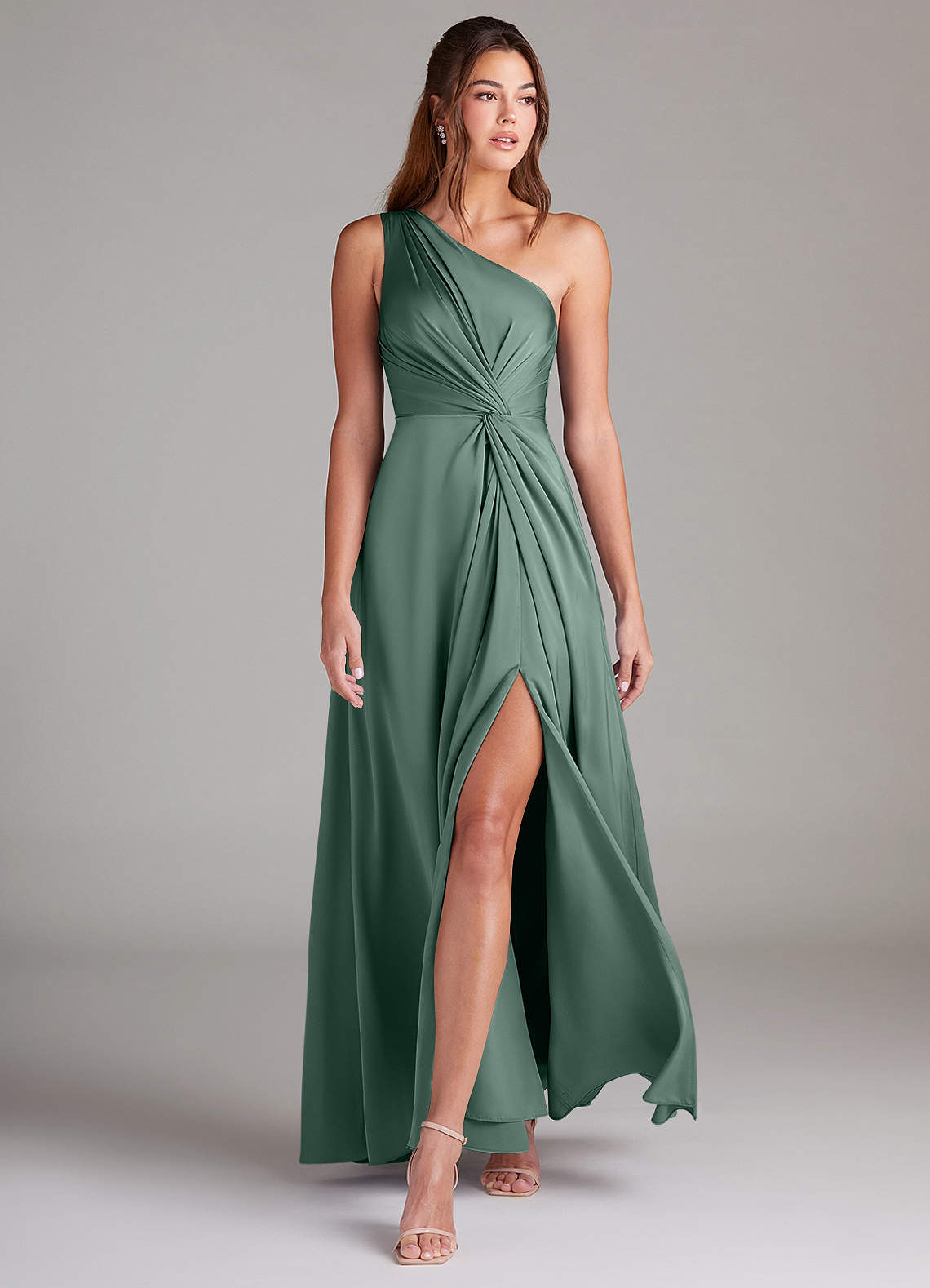 Azazie Brooke Bridesmaid Dresses Eucalyptus A-Line One Shoulder Stretch Satin Dress image2