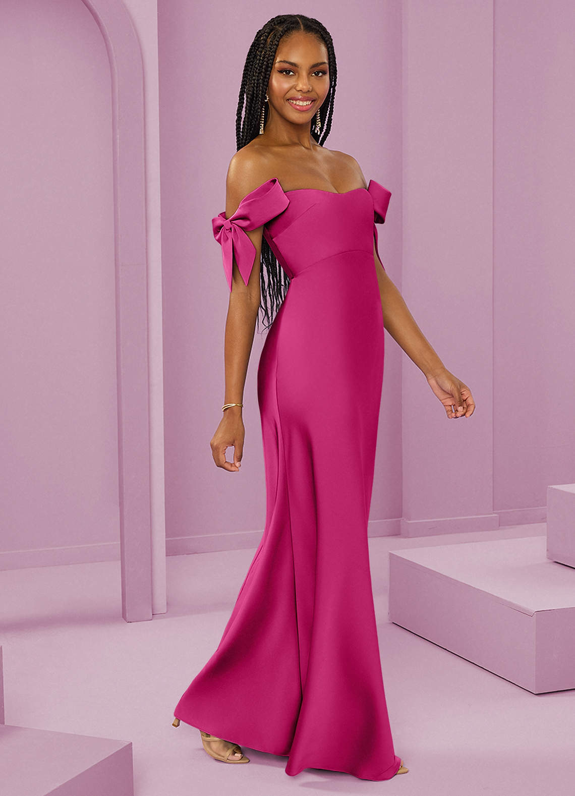 Barbie ♥ Azazie Abiti da Damigella Abito Convertibile Tubino in Raso Elasticizzato a Spalla Scoperta Barbie Rosa image1