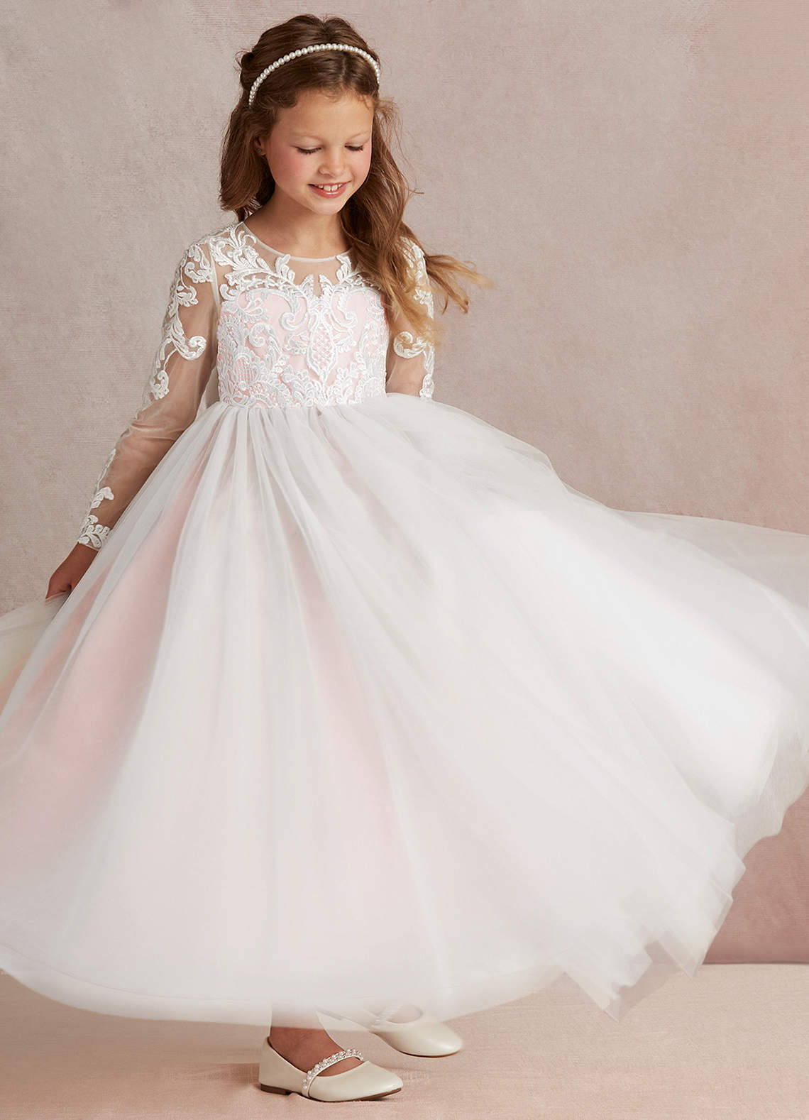 Azazie Elodie Robe Demoiselle D'honneur Fillette Robe Princesse en Dentelle Ivoire Rose Rougissant image1