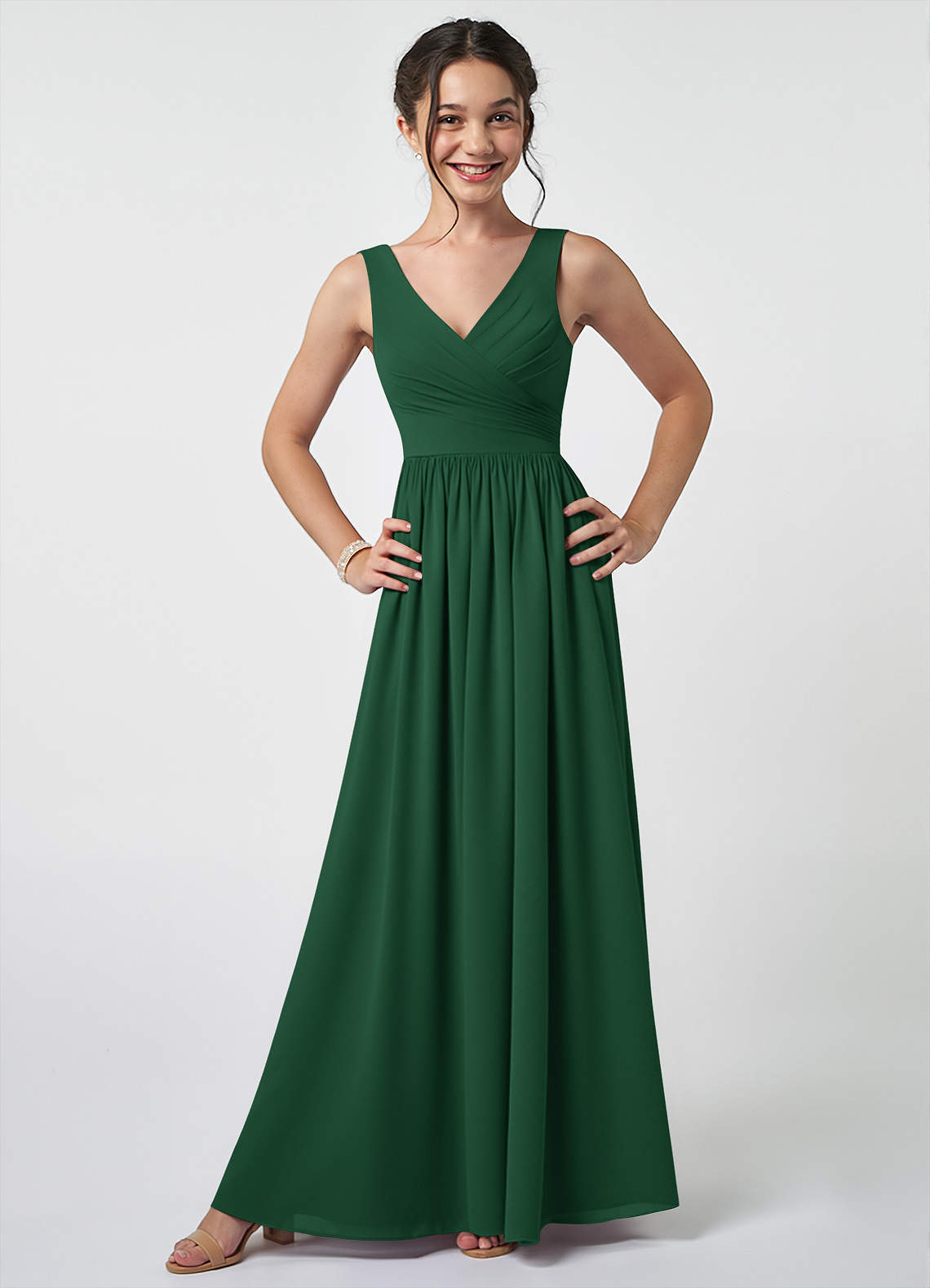 Azazie Keyla Junior A-Linie Plissee Chiffon Kleid Dunkelgrün image1