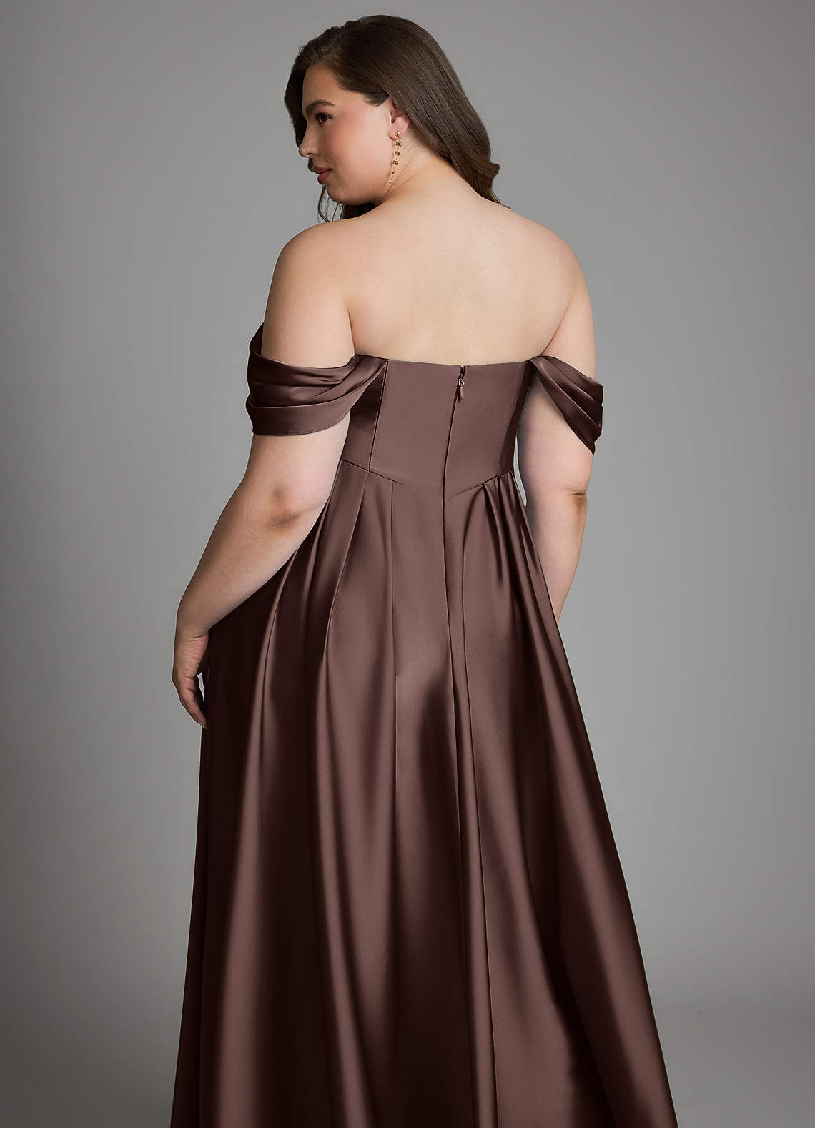 Azazie Loisa Bridesmaid Dresses Ganache A-Line Off the Shoulder Stretch Satin Dress image15