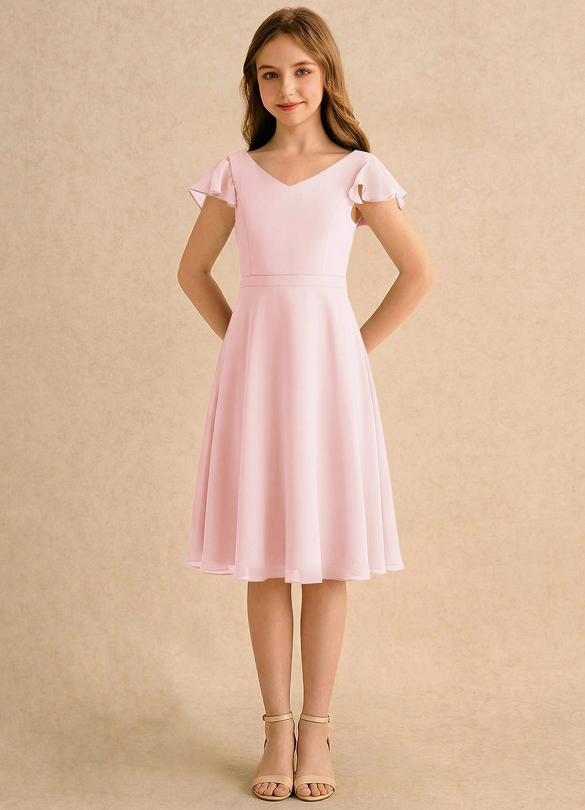 Azazie Narin Girls Formal Sukienki dla dziewczynek sypiących kwiaty Linia A z rękawami Szyfon Długość do kolan Sukienka image4