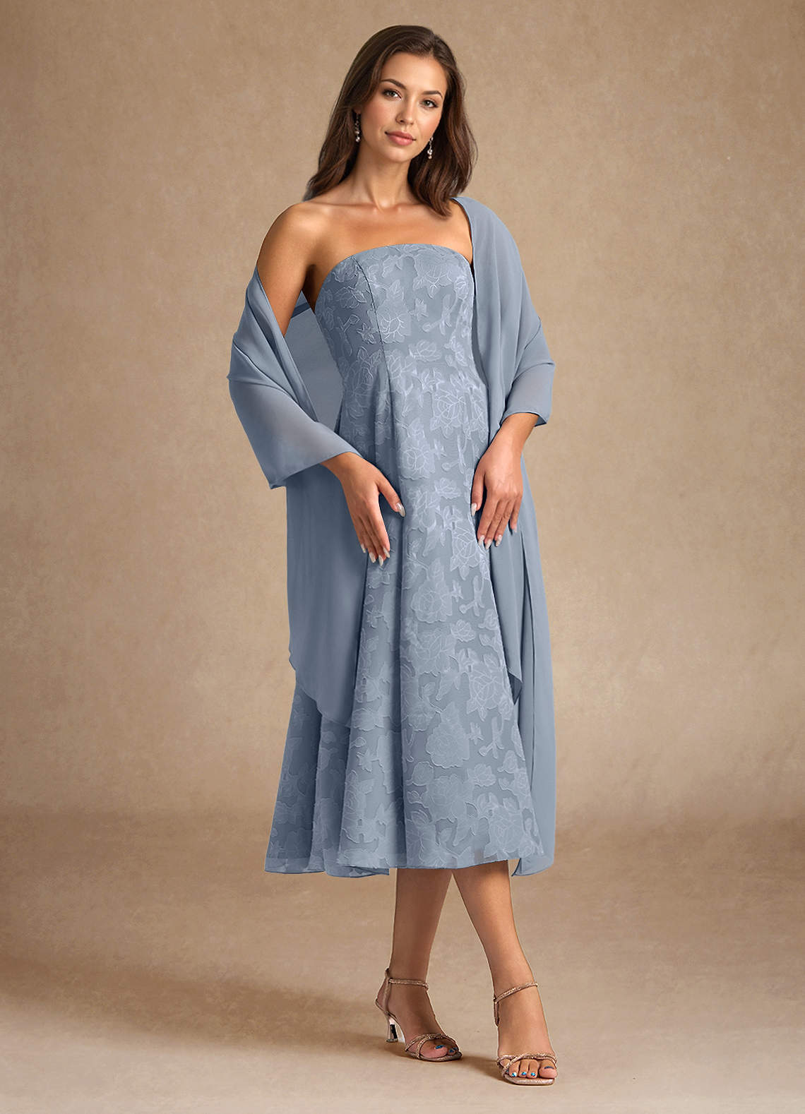 Azazie Lorain vestidos de madre de la novia Vestido de Azul Polvoriento de Devorado Floral de Corte En A con Plisado image1