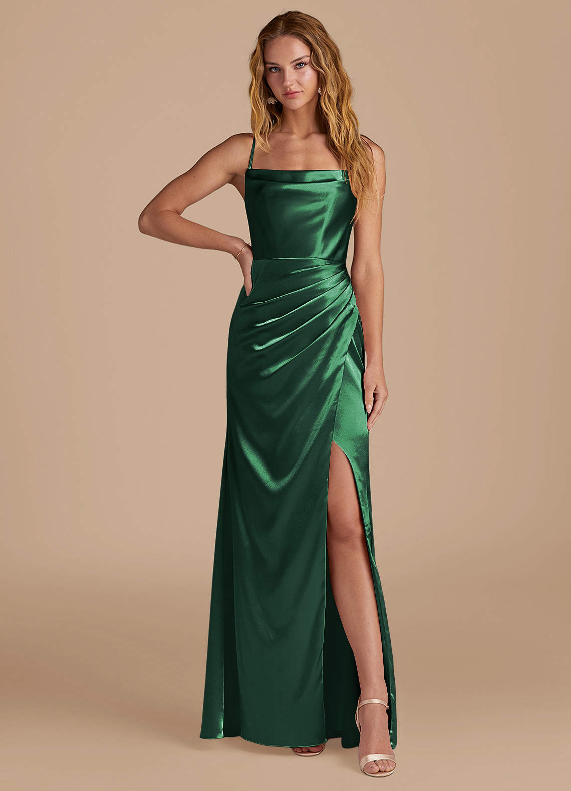 Azazie Marzia Bridesmaid Dresses Dark Green Mermaid Pleated Metallic Satin Dress image1