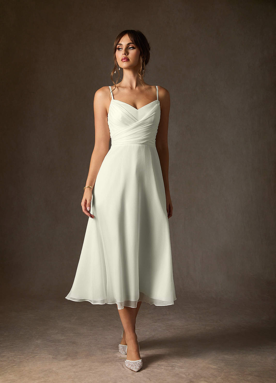 Azazie Kali Wedding Dresses Cream A-Line V-Neck Pleated Crinkle Chiffon Dress image1