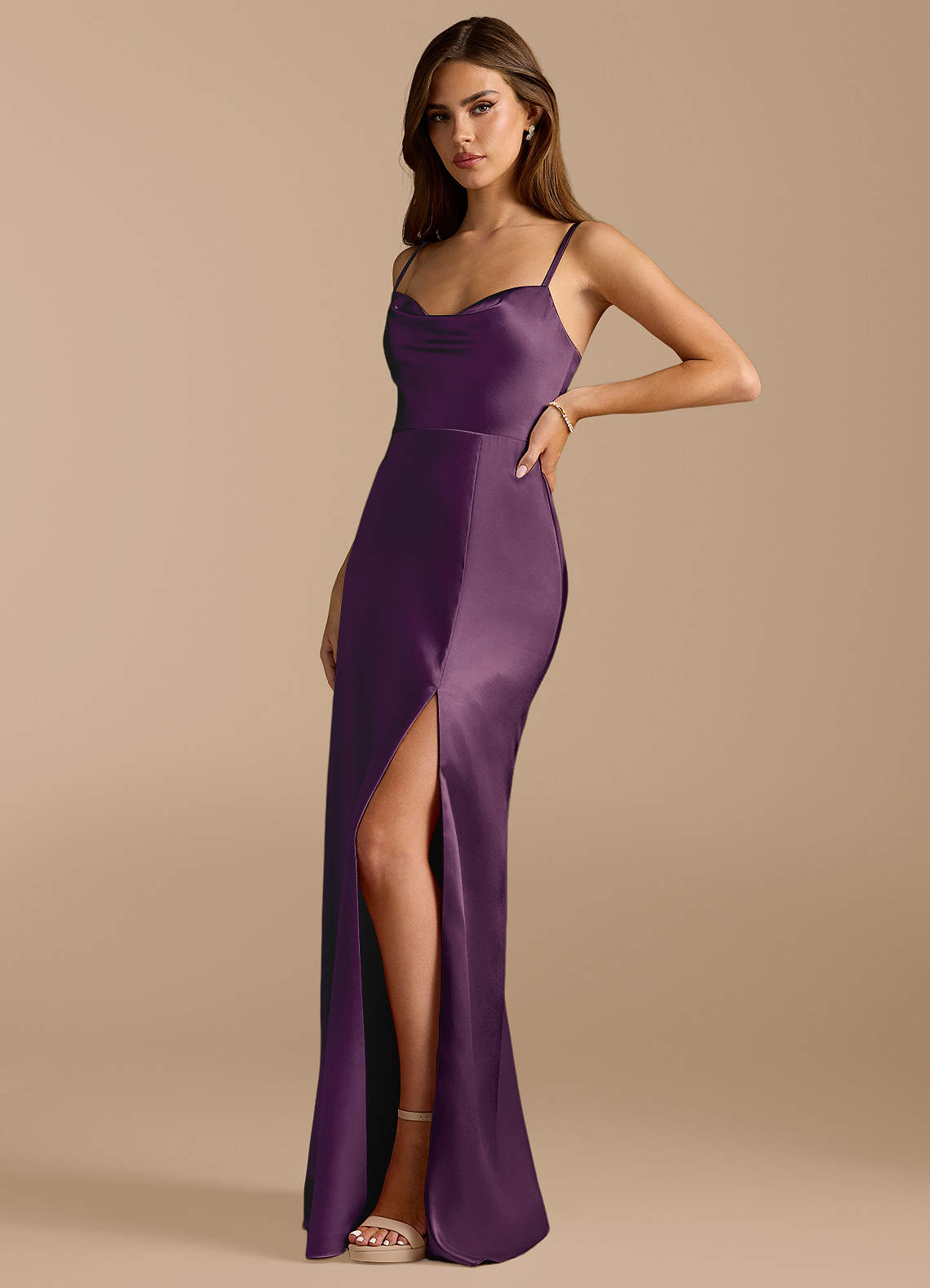 Azazie Erma Bridesmaid Dresses Plum A-Line Side Slit Metallic Satin Dress image1