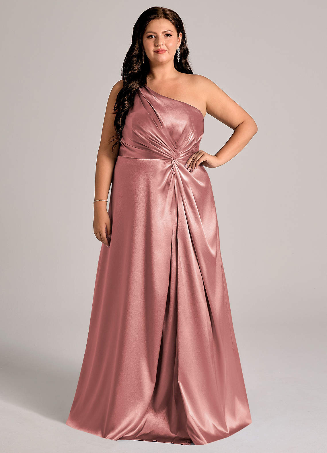 Azazie Brooke Bridesmaid Dresses Dusty Rose A-Line One Shoulder Metallic Satin Dress image1