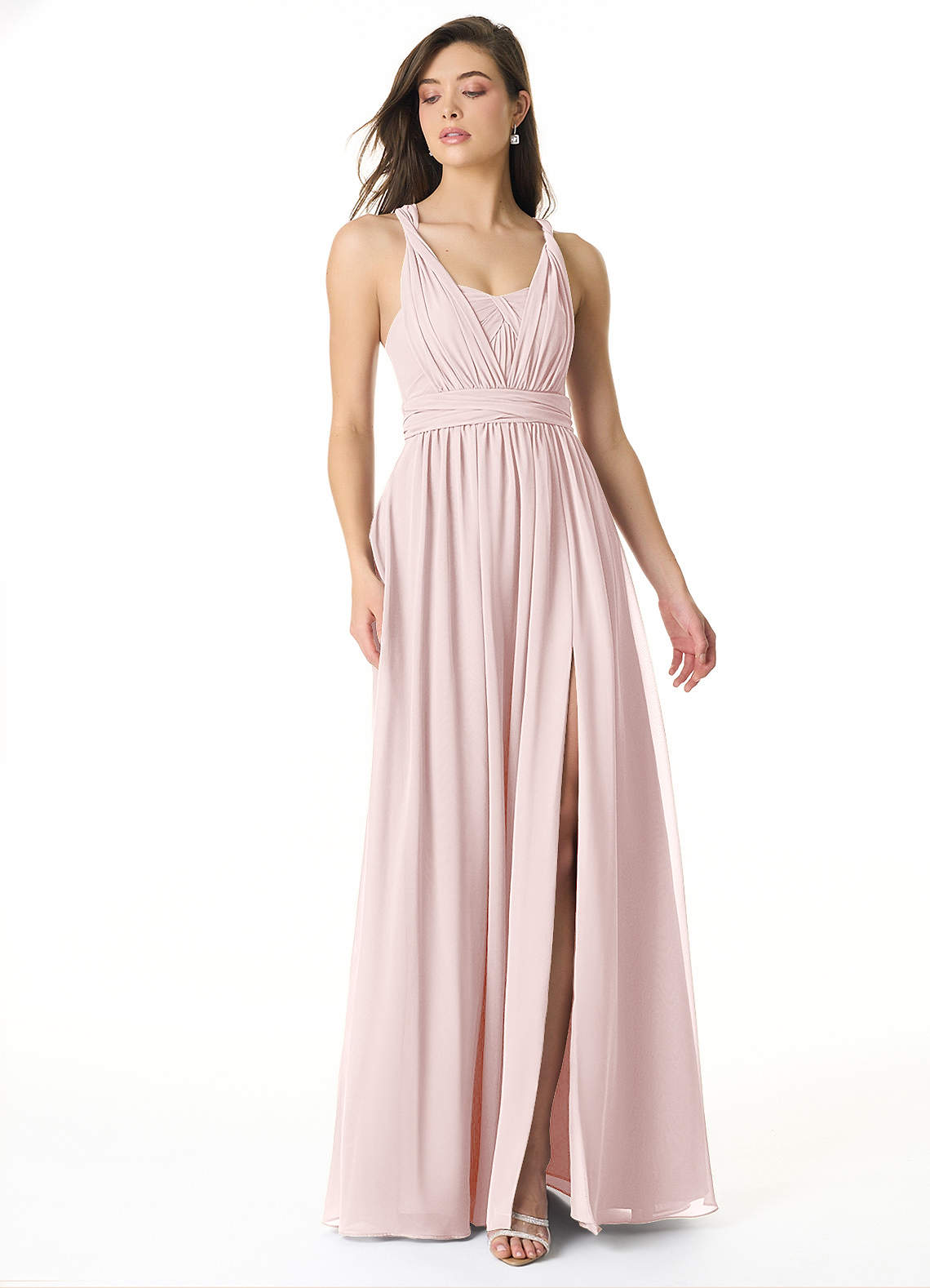Azazie Olani Bridesmaid Dresses Blushing Pink A-Line Off the Shoulder Chiffon Convertible Dress image1
