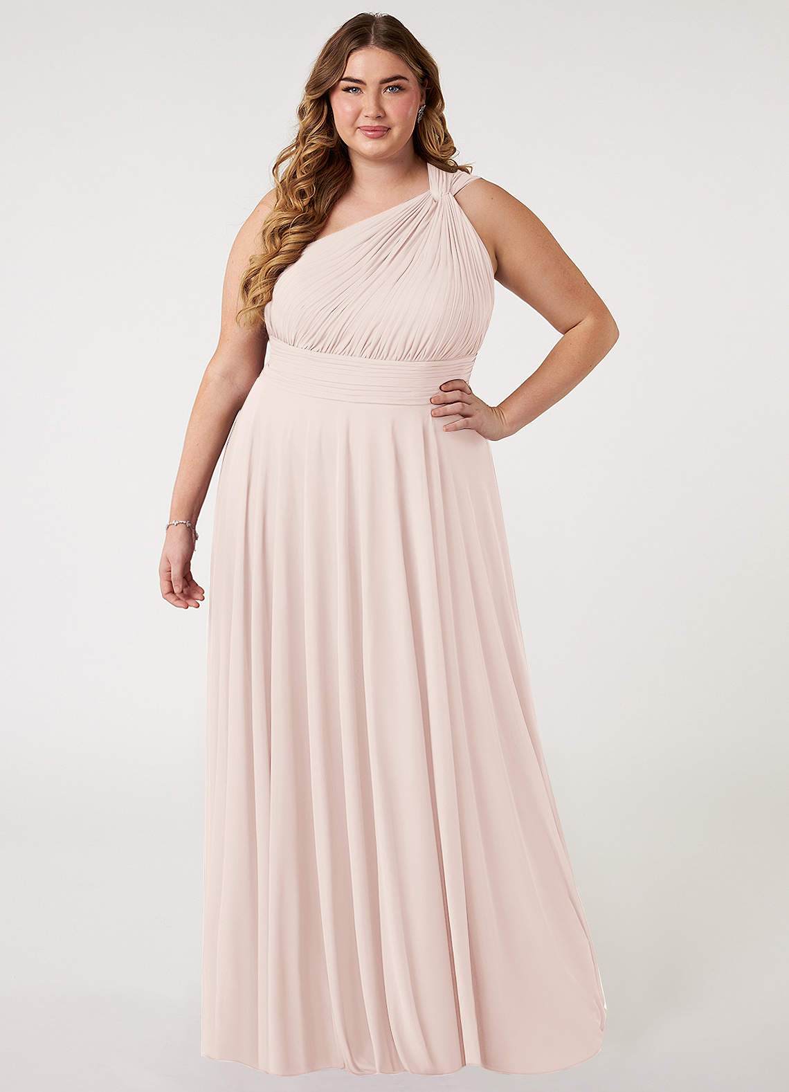 Azazie Charlize Bridesmaid Dresses Rose Petal A-Line One Shoulder Mesh Dress image5