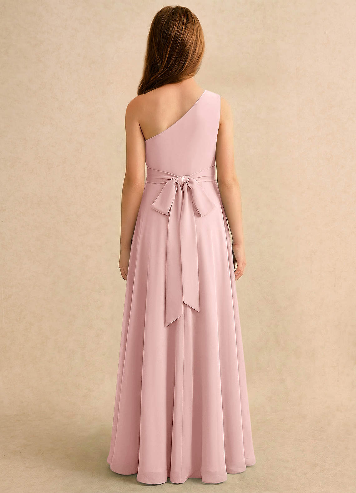 Azazie Puddles Girls Formal Robe Demoiselle D'honneur Fillette Robe Trapèze en Mousseline de soie Une épaule Rose Poudré image1