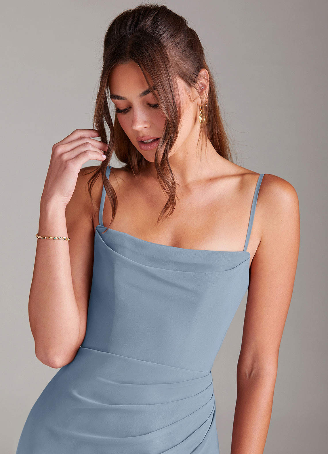Azazie Leonis Bridesmaid Dresses Dusty Blue Sheath Strapless Chiffon Convertible Dress image1