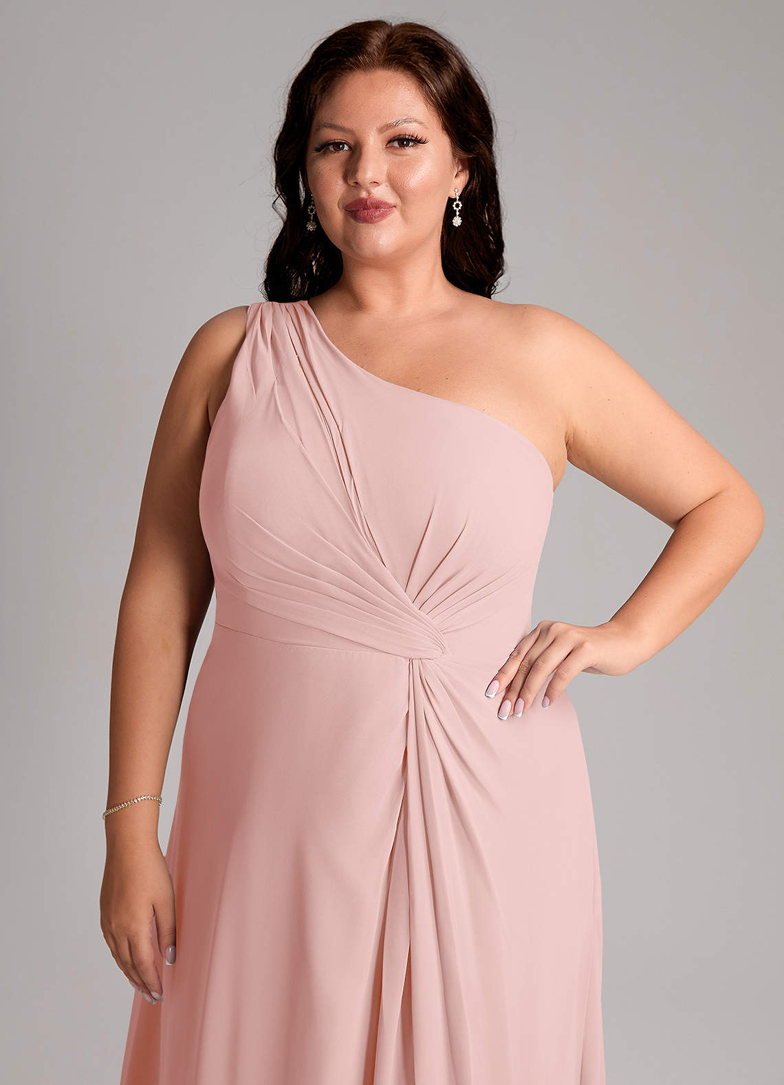 Azazie Brooke Bridesmaid Dresses Powder Pink A-Line One Shoulder Chiffon Dress image12