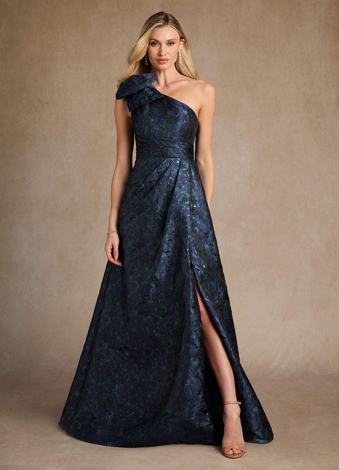 Azazie Easton Dark Navy A-Line One Shoulder Jacquard Dress | Azazie