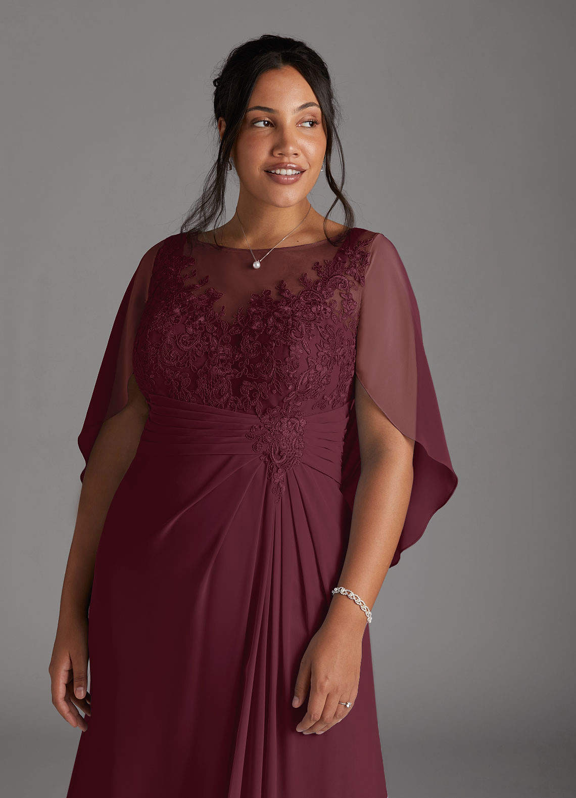 Azazie Hera Mother of the Bride Dresses Cabernet A-Line Lace Capelet Chiffon Dress image10