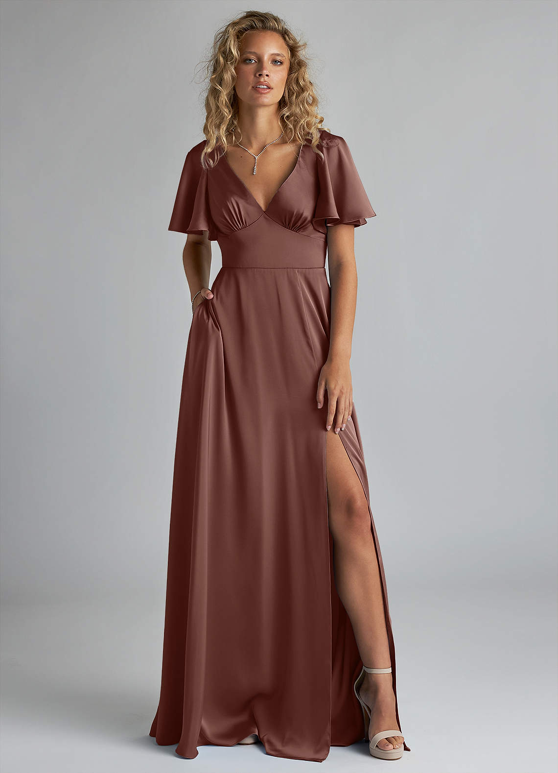 Azazie Kimber Brudtärnklänningar Klänning av A-Line i Stretch Satin Ruched Espresso image1