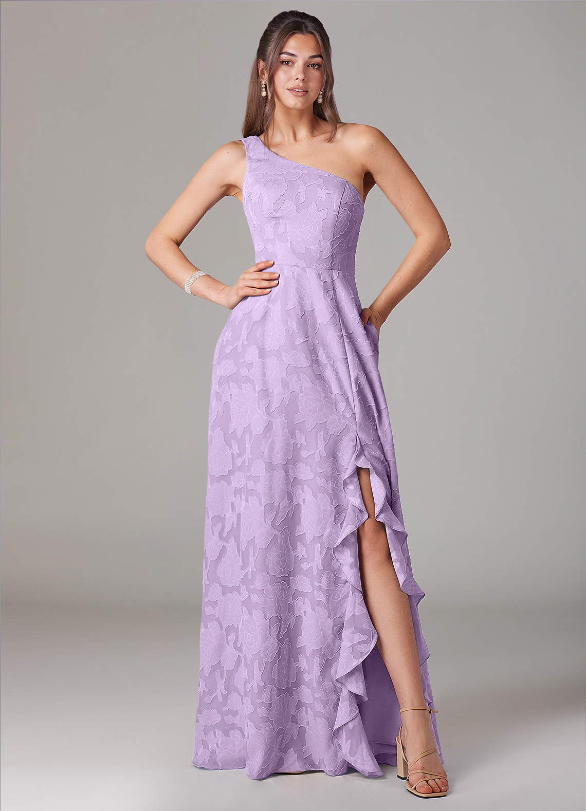 Azazie Ellianna Jurken voor bruidsmeisjes Jurk van Bloemen Burn-out met A-Lijn One-Shoulder Lila image1